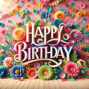 Feliz aniversário flores negrito colorido instantâneo para download digital, impressão em casa festa decoração arte, scrapbook para impressão celebração