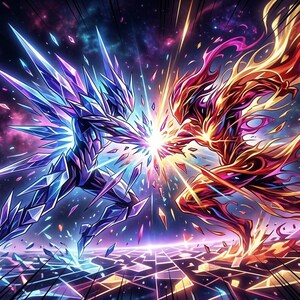 Pode incluir: Uma ilustração digital retratando duas figuras humanoides num confronto dinâmico. Uma figura é composta por fragmentos de gelo azul cristalino, enquanto a outra é formada por chamas laranja e vermelhas que se encontram numa luz central.