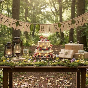 May include: A rustic wooden table in a forest setting, decorated for a birthday celebration. A three-tiered cake with mushroom and berry decorations is the centerpiece, surrounded by gifts, lanterns, and a banner that reads "HAPPY BIRTHDAY".