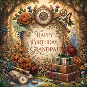 May include: A decorative birthday card with the text "Happy Birthday, Grandpa!" surrounded by floral and nature-themed elements. The image includes a clock, butterflies, gifts, and a compass.