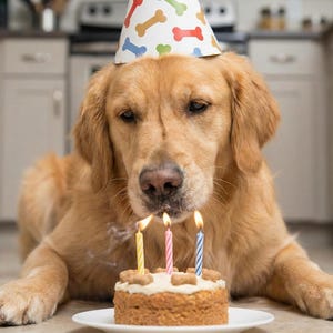 Puede incluir: Un golden retriever con un gorro de fiesta con diseños de huesos y huellas de patas, soplando las velas de un pequeño pastel de cumpleaños. El pastel está en un plato blanco y el perro está acostado en un piso embaldosado.
