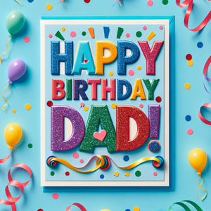 Fijne verjaardag, papa! Kleurrijke glitterkaart met ballonnen en confetti - leuk feest voor vader - digitaal afdrukbaar decor Love From Kids