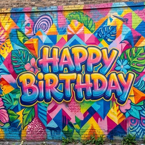 May include: A vibrant brick wall mural featuring the text HAPPY BIRTHDAY in bold, gradient-coloured bubble letters. The background is filled with a colourful geometric pattern, tropical palm leaves, and large pink hibiscus flowers in a bright palette.