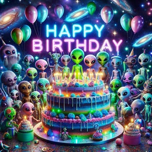 Peut inclure: Une scène d'anniversaire vibrante avec un gâteau à plusieurs niveaux orné de bougies allumées, entouré de nombreux extraterrestres. Des ballons colorés et l'inscription "HAPPY BIRTHDAY" en néon ajoutent à l'ambiance festive. L'arrière-plan représente une galaxie étoilée.