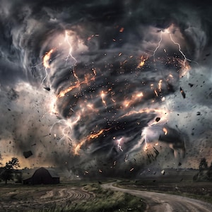 Puede incluir: Un tornado masivo y oscuro se arremolina sobre un paisaje rural, con intensas chispas naranjas y brillantes rayos blancos dentro de la nube en embudo. Escombros dispersos en el aire sobre un camino de tierra y un granero pequeño.