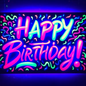 Neon Happy Birthday Blacklight Kunstdruck Lebendige fluoreszierende Design, Glow Party Decor Night Club Party Decor Rave Herunterladbare druckbare