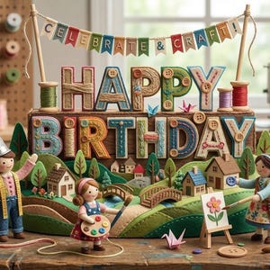 Puede incluir: Una escena de cumpleaños artesanal con las palabras "Happy Birthday" y "Celebrate & Craft". La escena incluye figuras en miniatura, carretes de hilo y una máquina de coser vintage, todo sobre una superficie de madera.