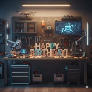 May include: A workshop workbench featuring a large sign that reads HAPPY BIRTHDAY in decorative letters. The wall is covered with a pegboard holding various tools, a drone, and a monitor displaying a cake graphic. Two rolling tool cabinets sit below.