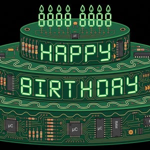May include: A three-tiered cake illustration designed as a green printed circuit board. The tiers feature electronic components like resistors and microchips. The text HAPPY BIRTHDAY is displayed in a digital font, topped with eight glowing candles.