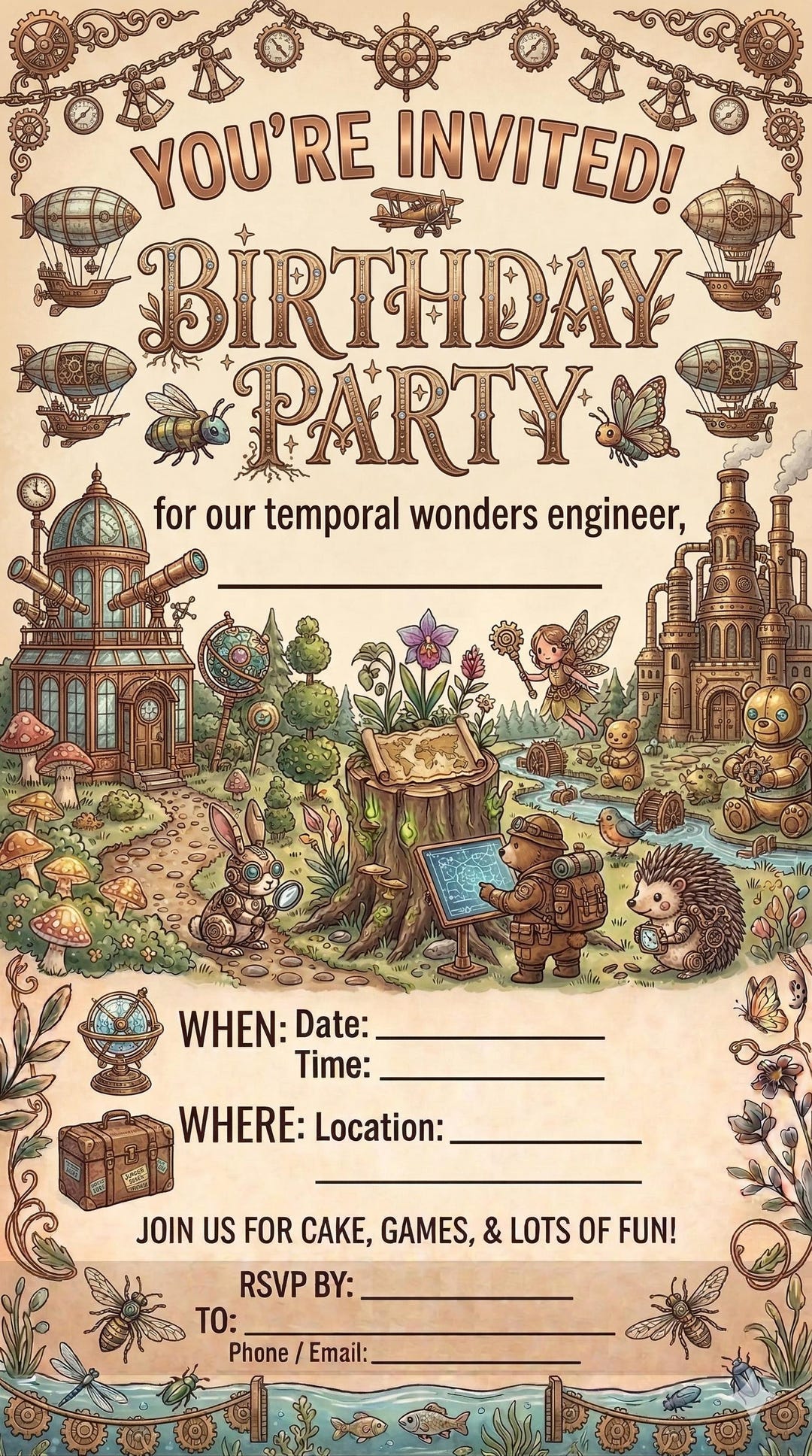 Temporal Engineer Birthday Invite - Steampunk Animal Theme Party ...