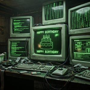 May include: A dimly lit room with multiple vintage computer monitors displaying green text and graphics. The central monitor reads "HAPPY BIRTHDAY" with a cake graphic. Keyboards, a mouse, and electronic components are on a cluttered desk.