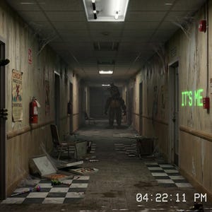 May include: A dimly lit, dilapidated hallway with peeling wallpaper, a checkered floor, and scattered debris. A green animatronic figure stands in a doorway on the left, while a dark figure looms in the distance. The text IT'S ME glows in green neon.