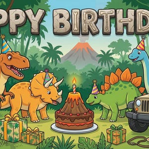 Può includere: Un'illustrazione colorata con il testo HAPPY BIRTHDAY in un carattere simile alla pietra. Quattro dinosauri dei cartoni animati con cappellini da festa si trovano in una giungla con un vulcano, una torta marrone, regali e un fuoristrada.