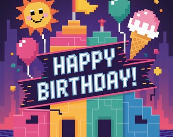 Animated Pixel Video Gamer Birthday eCard | Retro Video Game Theme + Printable (Digital Download)
