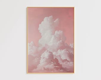 Stampa artistica di un castello di nuvole rosa da sogno, decorazione da parete con paesaggio celeste stravagante, grande opera d'arte stampabile, download digitale fantasy, stampa d'arte moderna