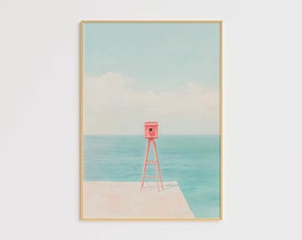 Vintage Camera Ocean View Art Print – Minimalist Photography (Digital Download)