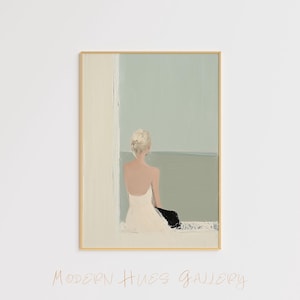 Minimalistische weibliche Fenster Art Print – ruhige Frau Wanddekoration – moderne Küsten Kunst – elegantes neutrales Raumposter – gelassene sitzende Figur