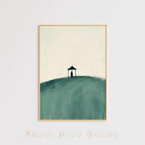 Minimalistische Berg Gazebo Kunst – einsame Zen Landschaft – ruhige grüne Natur Malerei – ruhiges Landschaftsbild – modernes Wanddekor