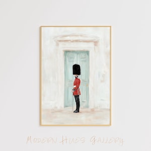 May include: A painting of a guard in a red uniform and black bearskin hat standing in front of a light blue door. The door is framed by a white doorway and the background is a light beige.
