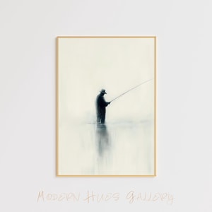 Impresión artística minimalista de pescador: decoración de pared tranquila y serena / descarga digital con temática de pesca para el hogar y la oficina - Póster de pescador - Pescador
