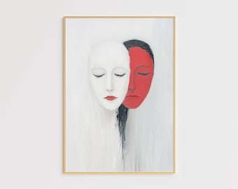 May include: Abstract painting of two faces, one white and one red, with closed eyes. The faces are partially overlapping, creating a sense of duality. The painting is framed in a gold frame and has a white background.