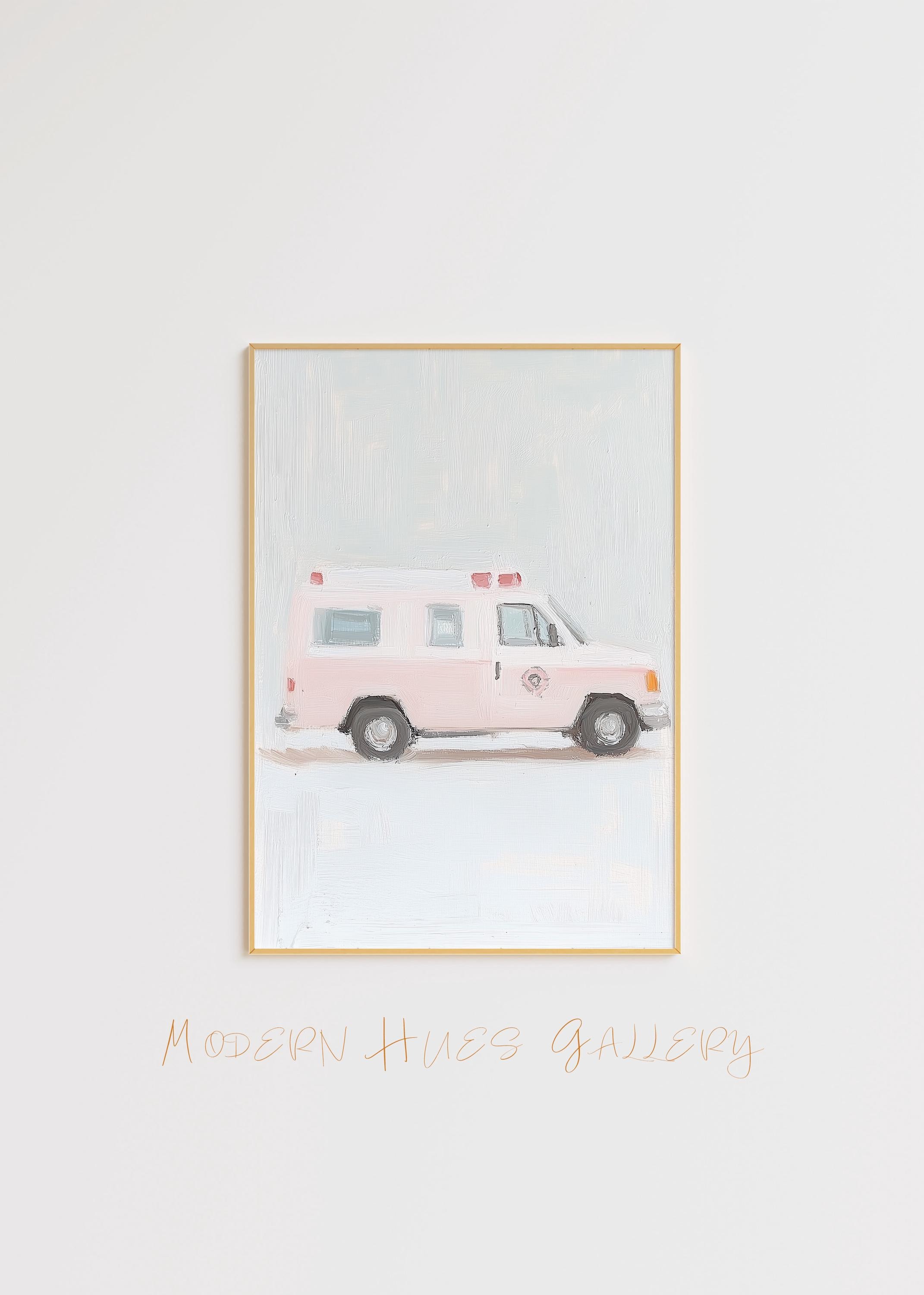 Minimalist Ambulance Art – Modern Emergency Print – Abstract Medical Art – Vintage Pink Ambulance Painting – Wall Decor – Unique Gift