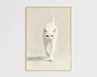 Minimalist White Cat Art Print – Modern Feline Wall Decor (Digital Download)