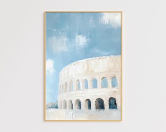 Impressão artística do Coliseu de Roma – Arquitetura minimalista em azul e branco (Download digital)