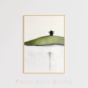 Minimalistische Pagode Landschaftskunst – Japanischer Zen-Tempel Druck – Moderne Asiatische Wanddekoration – Ruhige Natur Malerei – Serene Hilltop Poster