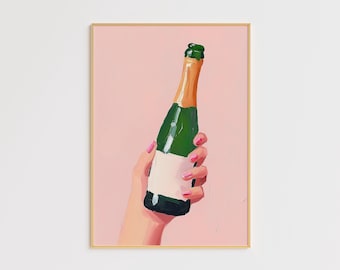 Pink Champagne Bottle Art Print – Modern Bar Decor (Digital Download)