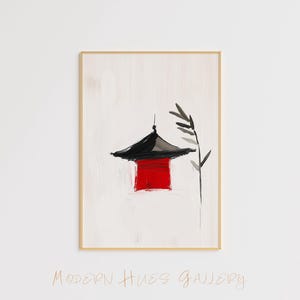 Minimalist Japanese Temple Art – Zen Asian Print – Traditional Pagoda Painting – Red and Black Wall Decor – Oriental Minimal Art