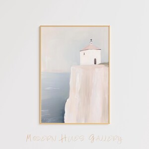 Arte de capilla junto al acantilado, impresión costera, arte de pared minimalista, descarga digital, imprimible, JPG, vista al mar, decoración serena, arte de construcción, póster