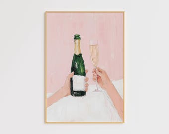 Puede incluir: Una pintura de dos manos sosteniendo una botella de champán y una copa de champán. El fondo es de color rosa claro.