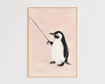Penguin Fishing Wall Art – Penguin Print – Minimalist Animal Poster – Playful Kids Room Decor – Modern Art – Wildlife Canvas – Penguin art