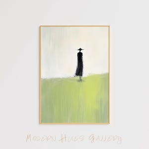 Mystische Landschaftskunst – Minimalistischer Asiatischer Figurendruck – Zen Natur Poster – Serene Grünes Feld Gemälde – Abstrakte Einsamkeit Wandkunst