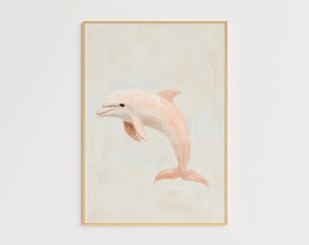 May include: A framed painting of a pink dolphin leaping out of the water. The background is a pale blue with white clouds. The frame is gold.