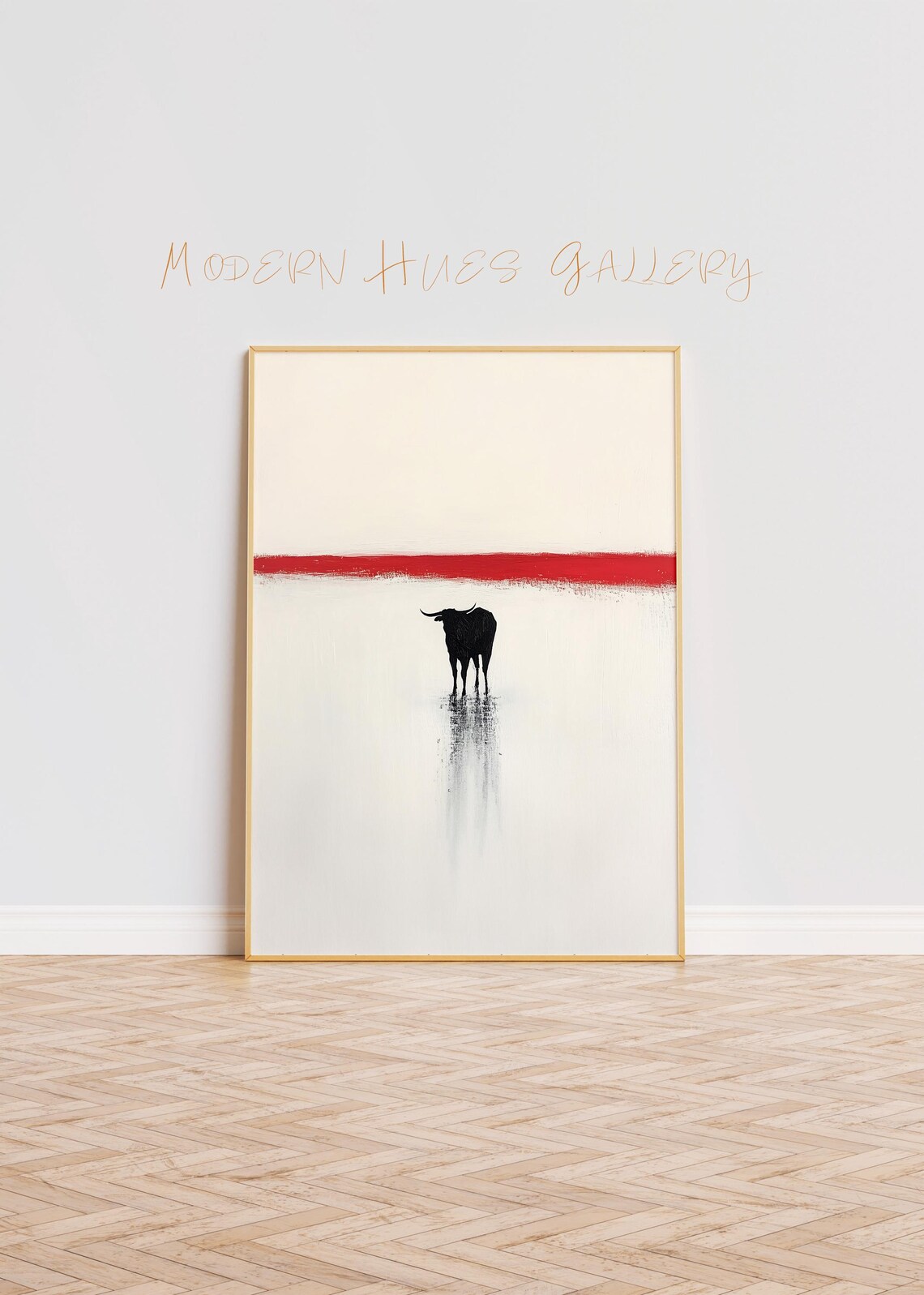 Abstract Bull Art Print Minimalist Black Bull Painting Modern Red and ...