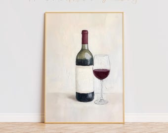 Minimalist Wine Bottle and Glass Art  Abstract Wine Painting Modern Kitchen Wall Art  Wine Lover Decor Contemporary Bar Poster Vineyard Art
