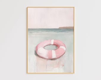 Pink Lifebuoy Coastal Art Print – Minimalist Beach Decor (Digital Download)