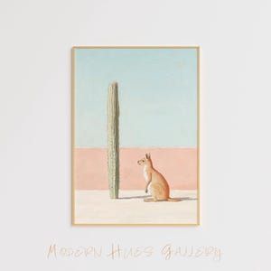 Känguru und Kaktus Wandkunst – Tierdruck – Wüste Minimalistisches Poster – Australische Wildtierkunst – Wüste Leinwand – Moderne Illustrationskunst