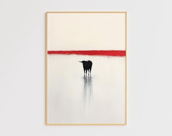 Abstract Bull Art Print  Minimalist Black Bull Painting Modern Red and White Wall Art Bold Contemporary Decor Unique Animal Artwork  Poster