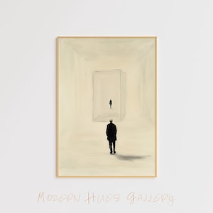 May include: A painting of a person standing in a white room, looking at another person standing in a doorway. The painting is framed in a light wood frame.