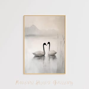 Arte minimalista de pareja de cisnes, impresión de pared romántica sobre un lago, póster moderno de vida salvaje en neutro, lienzo elegante con pájaros, impresión de cisnes, pintura de cisnes
