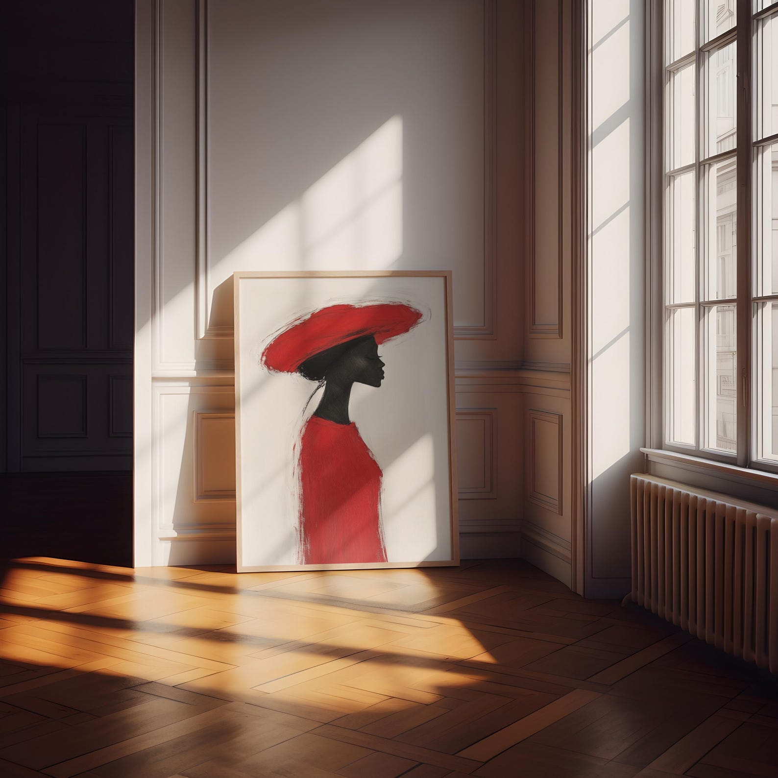 Abstract Red Hat Woman Art Print – Minimalist Wall Art – Modern Female ...