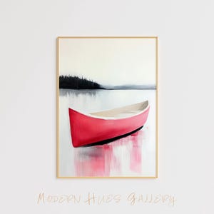 Arte de pared de canoa roja serena - Póster minimalista - Impresión en lienzo para decoración de oficina en casa en tonos naturales relajantes - Una proporción - Obra de arte minimalista
