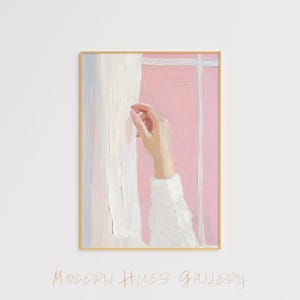Minimalistisches Morgenlicht Art Print – Feminine Hand und Vorhang Poster – Rosa Wanddekor – Elegantes digitales Kunstwerk für ein gemütliches, schickes Poster