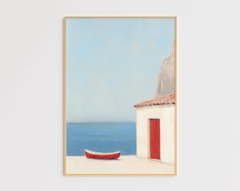 Mediterranean Coastal Art Print, Seaside Wall Decor, Greek Island Painting, Minimalist Ocean Landscape, Nautical Beach Poster, Blue Wall Art