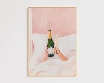 Champagne Bottle Art Print – Pink Bedroom Wall Decor – Celebration Modern Art – Luxury Minimalist Poster – Romantic Champagne Painting Print