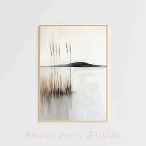 Neutrale See Landschaftskunst - Minimalistischer Natur Wanddruck - Serene Wasserreflexion Gemälde - Ruhiges Küstenposter