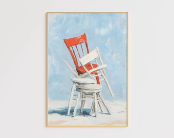 Abstract Stacked Chairs Art Print – Colorful Minimalist Chair Composition, Quirky Furniture Artwork, Modern Home Decor, Digital Download